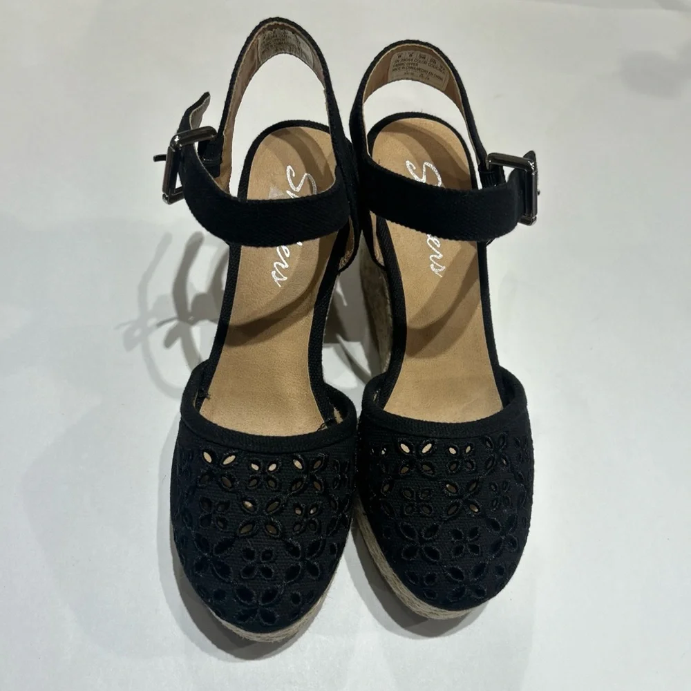 Skechers Black Cut out Espadrille Wedge Sandals size 8 boho spring summer shoe